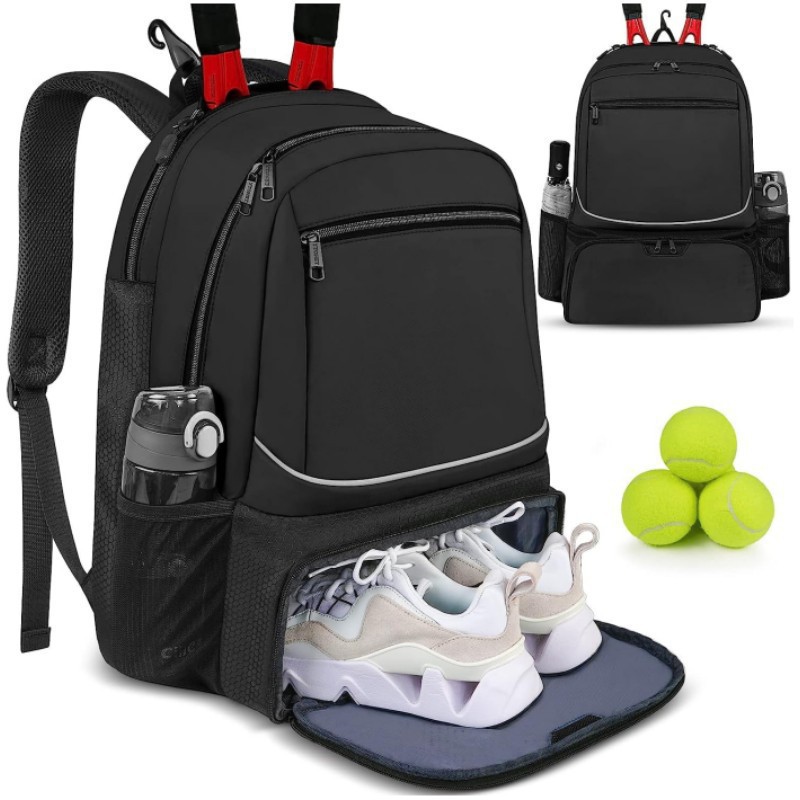 Badminton Equipment - กระเป๋าเป้สะพายหลังเทนนิสความจุขนาดใหญ่ กระเป๋าใส่ไม้เทนนิสสำหรับใส่ไม้เทนนิส 1-2 อัน กระเป๋าแบดมินตันกลางแจ้งพร้อมช่องใส่รองเท้า สีดำชมพู